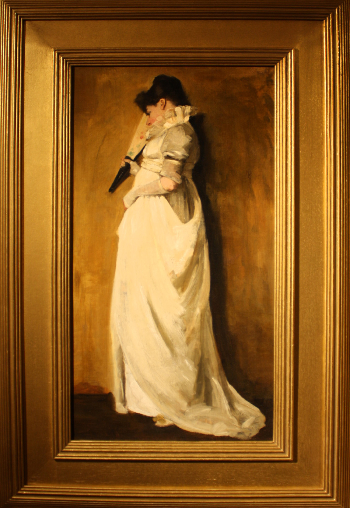 William Merritt Chase (1849–1916), “Woman in White Satin,” circa 1885, sold opening night at the booth of Thomas Colville Fine Art, Guilford, Conn., and New York City.