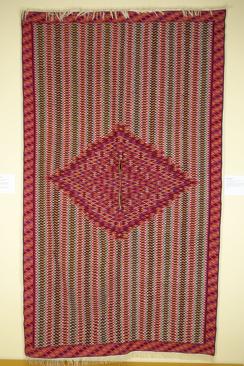 Saltillo serape, Mexico, circa 1800; weft-faced plain weave or tapestry weave, woven in two pieces and stitched together; cotton warp, natural-dyed wool weft. Durango Collection, Center of Southwest Studies, Fort Lewis College, Durango, Colo.