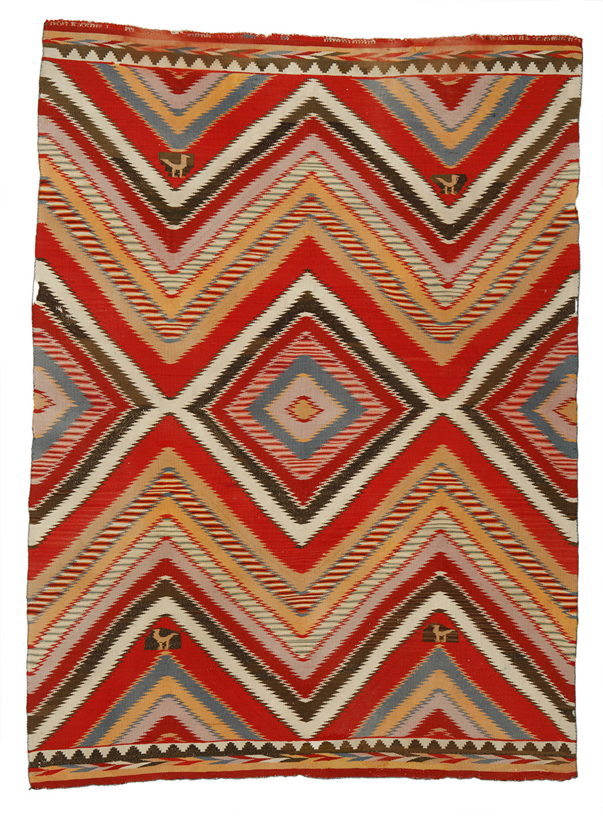 “Eyedazzler” blanket, Diné (Navajo), circa 1880; aniline dyed commercial wool yarn, popularly known as Germantown yarn. Durango Collection, Center of Southwest Studies, Fort Lewis College, Durango, Colo.