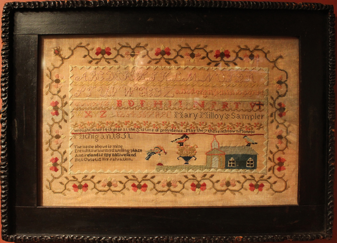 Rare sampler by Mary Milloy, who resided at Sisters of Providence School, Frenchtown, Monroe County, Mich., 1851. Neverbird Antiques, Surrey, Va.