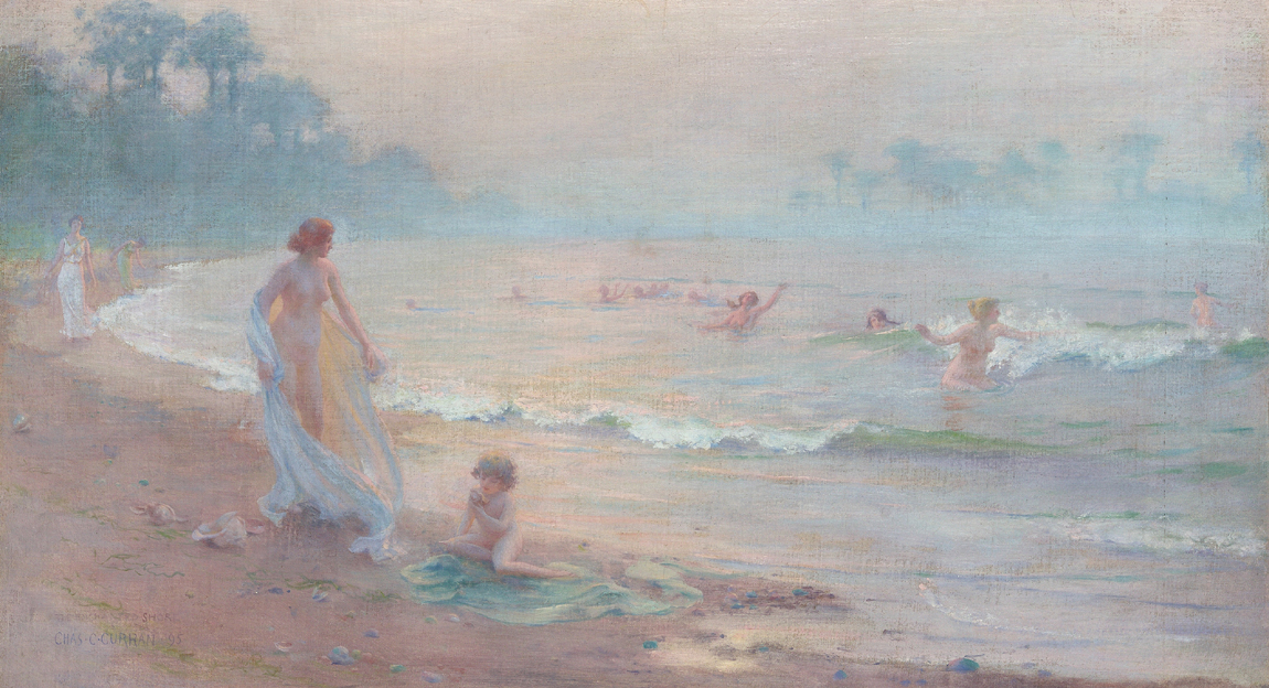 Just off Madison visitors caught first glimpses of recently hung works, like this Charles Courtney Curran painting at Debra Force Fine Art.