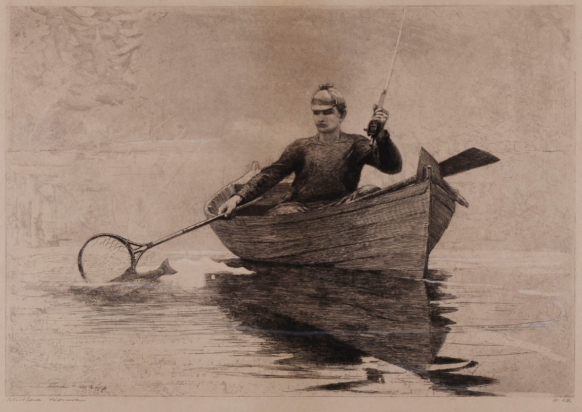 David Tunick, Inc (69th Street) featured this Winslow Homer (1836–1910) etching with white highlights on simulated Japan paper titled “Fly Fishing, Saranac Lake” and dated 1889. It is 17 1/2 by 22 5/8 inches. Image courtesy of the gallery.