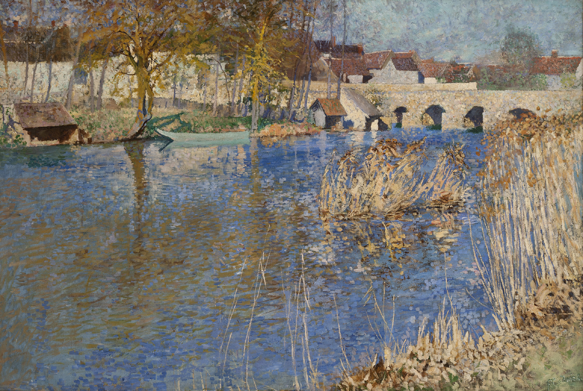 Taking up the better part of a wall at Menconi + Schoelkopf was a radiant painting by Francis Brooks Chadwick, “The Bridge at Grez-sur-Loing in Springtime.”