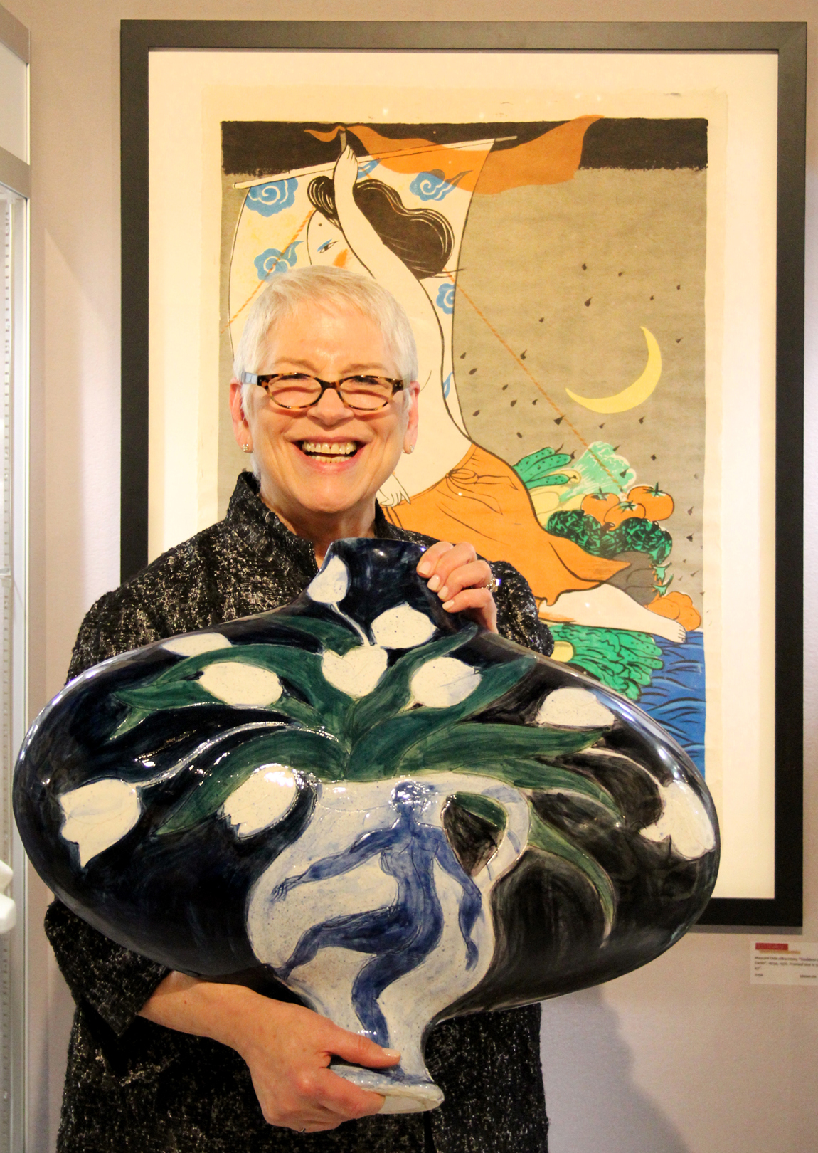 Susan Tillipman of TOJ Gallery, Annapolis, Md., with a “Tulip” vase of 1994 by contemporary French artist Pierre Boncompain.