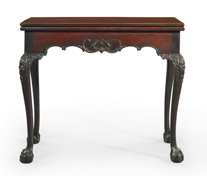 Deshler Family Chippendale carved mahogany card table, probably the shop of Benjamin Randolph, the carving attributed to John Pollard, Philadelphia, circa 1769-70, sold to Luke Beckerdite for $ 509,000 ($ 300/500,000).<br>The Virginia-based decorative arts authority also acquired two related Deshler family Philadelphia side chairs for $ 149,000 ($ 100/150,000) and $ 173,000<br>($ 100/150,000). Christie's Mr and Mrs Max R. Zaitz Collection.