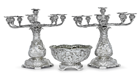 Pair of silver nine-light candelabra and silver bowl by Tiffany & Co. of New York, circa 1885, $ 149,000 ($ 150/$ 250,000). Christie's Various Owners Sale.