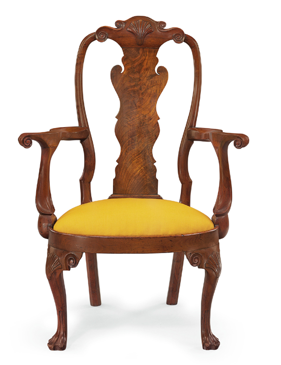 Sold by the Philadelphia Museum of Art to benefit its acquisition funds, this Philadelphia Queen Anne walnut compass seat armchair of circa 1755 fetched<br>$ 545,000 ($ 500/800,000). Christie's Various Owners Sale.