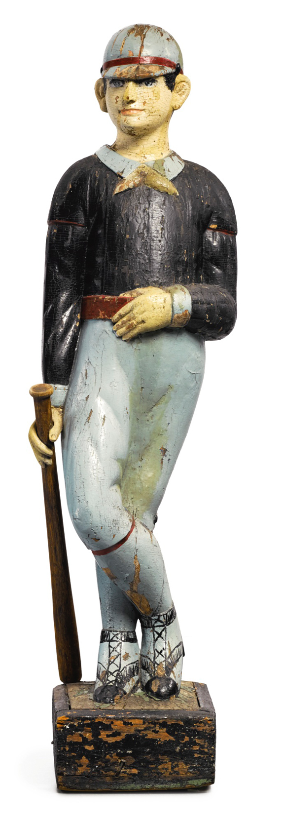 "Baseball Player" carved and painted pine trade figure by Samuel Robb,<br>New York, circa 1890, $ 550,000 ($ 450/600,000). Sotheby's Stephen and Petra Levin Collection.