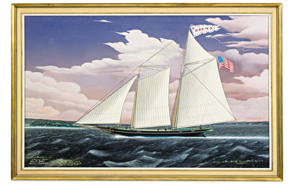"The Schooner <i>Norma</i>" by James Bard, signed, titled and dated 1858,<br>$ 200,000 ($ 150/250,000). Sotheby's Various Owners.
