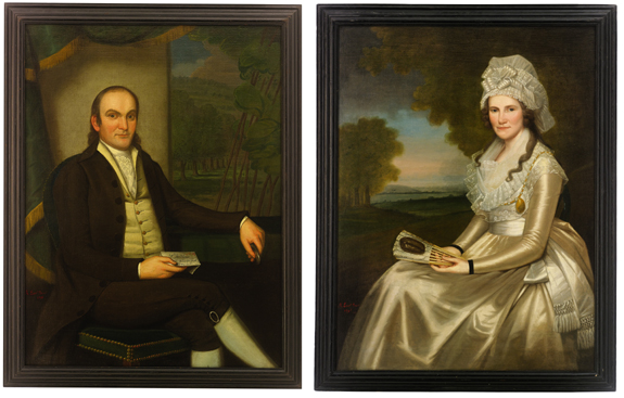 Pair of portraits of Jared Lane and his wife, Apphia Ruggles Lane, by Ralph Earl,<br>$ 274,000 ($ 25/50,000). Sotheby's Irvin and Anita Schorsch Collection.
