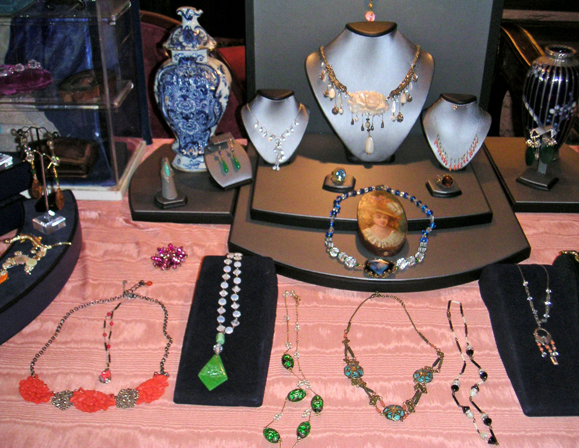 Xiao Lin Hopkins from XLH Designs, Westwood, N.J., describes her work as “yesterday’s jewelry.” She uses antique material from the 1920s to design new settings and original creations, using coral, turquoise, moonstone, amber and Peking and Czechoslovakian glass.