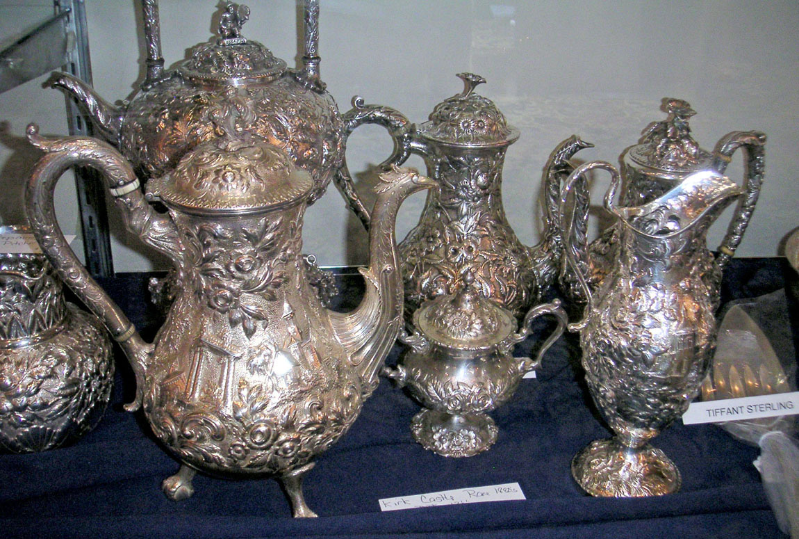 Sterling silver, in active, inactive and obsolete patterns, was presented by Seymour’s, Denton, Md. These Kirk repoussé patterns of Castle and Rose are from the 1880s.