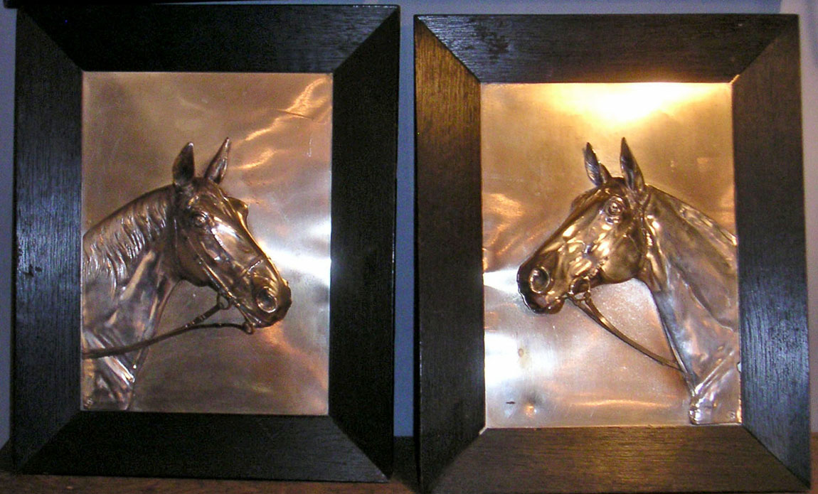 Horse lovers had much to appreciate at the booth of Peter Nee, Millwood, Va., where many examples of equine art could be found. Chief among them was a pair of Sheffield silver plaques that were done in high relief and depicted opposing portraits of thoroughbreds under tack. The 9-by-12-inch plaques from the early 1920s were identically framed and artist-signed.