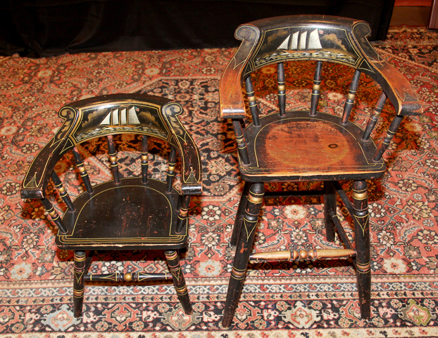 The crest rails of these Windsor youth chairs are decorated in an identical fashion with sailing ships. White’s Nautical Antiques, North Yarmouth, Maine