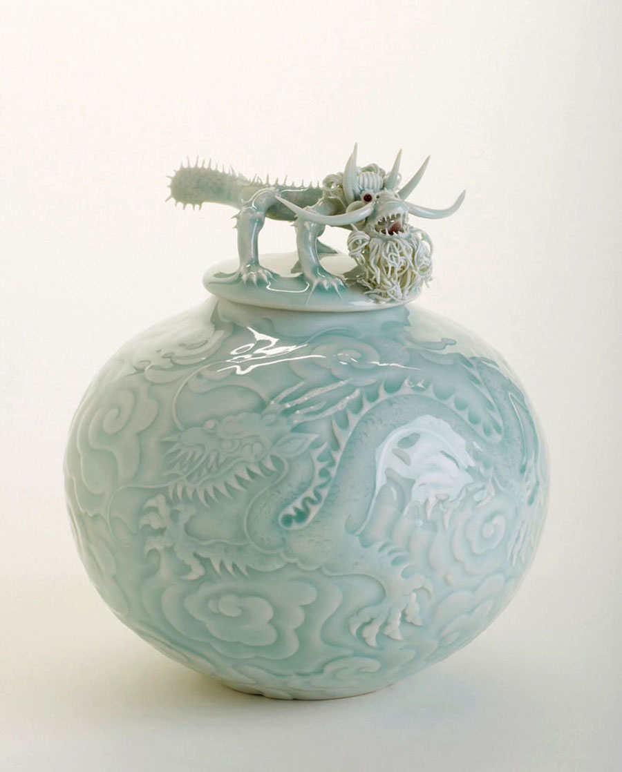 From Stevens, Penn., porcelain artist Cliff Lee created this carved porcelain vessel with dragon decoration and celadon glaze.