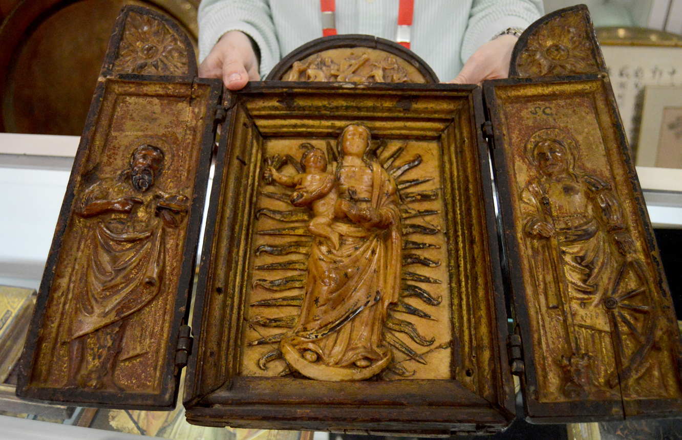 This rare Eastern European triptych, probably 1500s, was a standout<br>at Alexander Gallery, New York City.