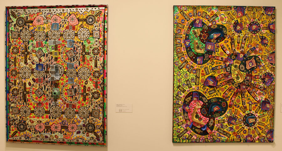 Two mixed media collage on canvas works by Henry Khudyakov (b 1930), left, "Life Sentence," 1985-95, 42 by 32 inches; "Avengers," 1985-96, 40 by 30 inches. Hirschl & Adler Modern, New York City