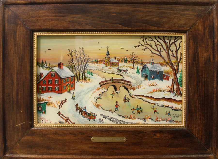 At Galerie Bonheur, St Louis, "A Winter Day," 1988, by folk artist Milton Bond (1918-2010) who, from a Connecticut commercial sailing and oystering family,<br>was known for his reverse paintings on glass.