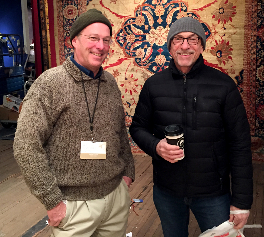 The Winter Antiques Show is not all glamour. Hardworking exhibitors Kelly Kinzle and Pat Bell dressed for frigid temperatures in the armory during set up.