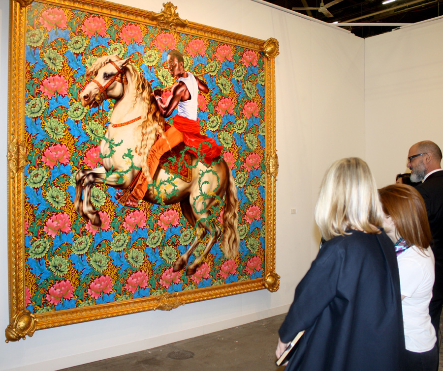 Roberts and Tilton, Los Angeles, featured Kehinde Wiley’s “Equestrian Portrait of Prince Tommaso of Savoy-Carignan,” 2015, oil on canvas, 102 by 108 inches. Wiley was one of the stars of Amory Week in both sales and art criticism. Sean Kelly Gallery of New York sold out the edition of Wiley’s huge sculpture “Bound.”