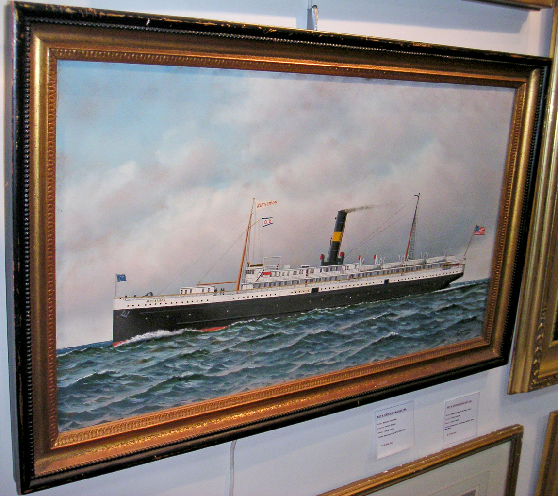 Art and Antique Gallery, Worcester, Mass., displayed this oil on board of the ship <i>Jefferson</i>, painted by Antonio Jacobsen in 1914. Jacobsen was a maritime artist, known as the Audubon of Steam Vessels.