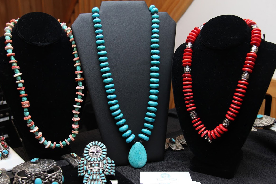 Turkoi, Jersey City, N.J., a Native American Indian jewelry specialist, brought a large and excellent display that owner Margo Moriarty described as “only a fraction of their extensive inventory.” Shown here from left is a Sleeping Beauty necklace composed of turquoise cabochons separated by shell heishi, a turquoise rounded bead heishi necklace from the Kingsman Arizona mine with authentic coal-mined turquoise cabochon spacer beads, and a coal-mined coral heishi necklace with detailed sterling silver spacer beads.