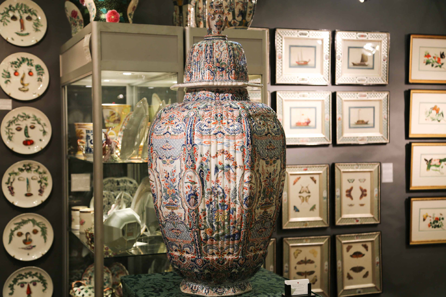 A massive Dutch delft Imari covered vase stood tall at Earl Vandekar<br>of Knightsbridge Inc, Maryknoll, N.Y.