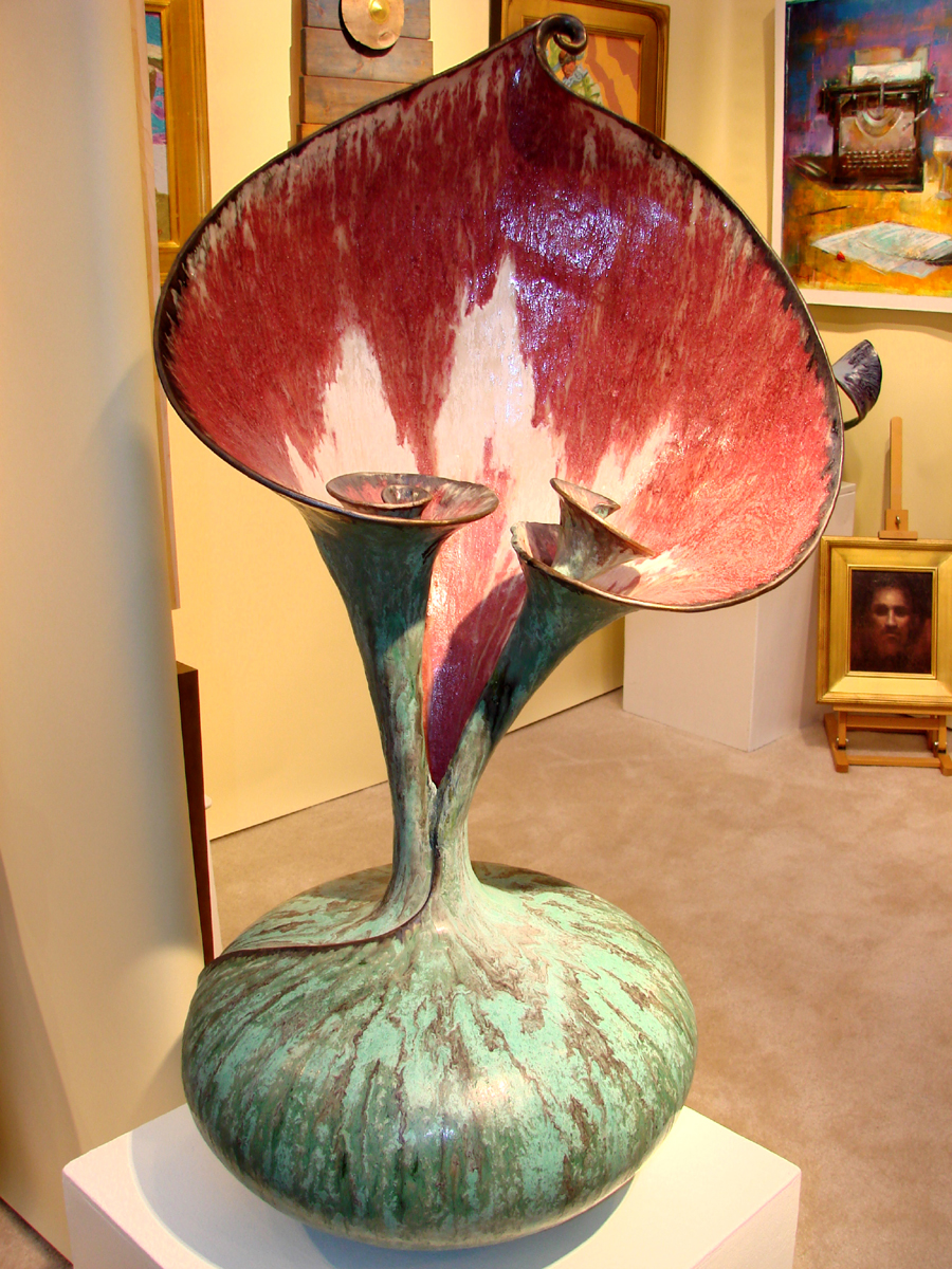 Ceramic calla lilies with various glazes and in various sizes made<br>by Susan Anderson were displayed by Bowersock Gallery, Provincetown, Mass.<br>This one was priced at $ 800.