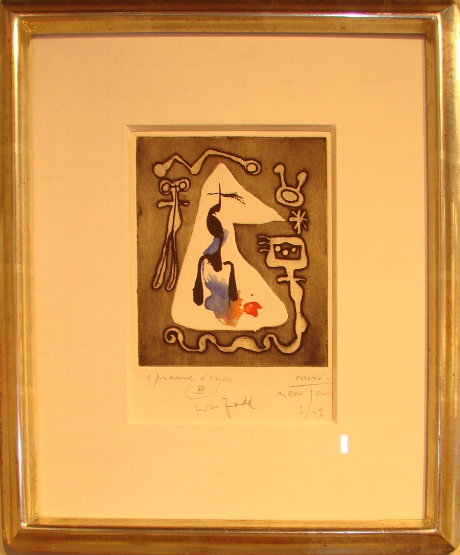 Edward T. Pollack, Portland Maine, offered a Joan Miro etching,<br>priced at $ 20,000. It was a trial proof, hand colored and inscribed<br>by the artist and dated 1947.