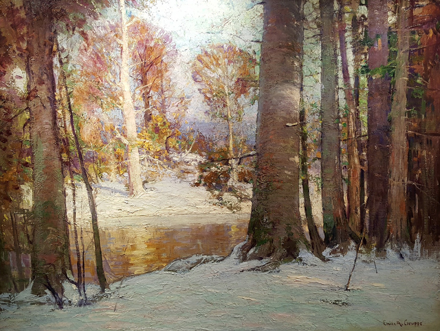 Blue Heron Fine Art of Cohasset, Mass., sold its centerpiece, “Reflection Pool”<br>by Emile Gruppe. In its palette and use of light, the painting shows<br>the influence of Gruppe’s teacher John Carlson.