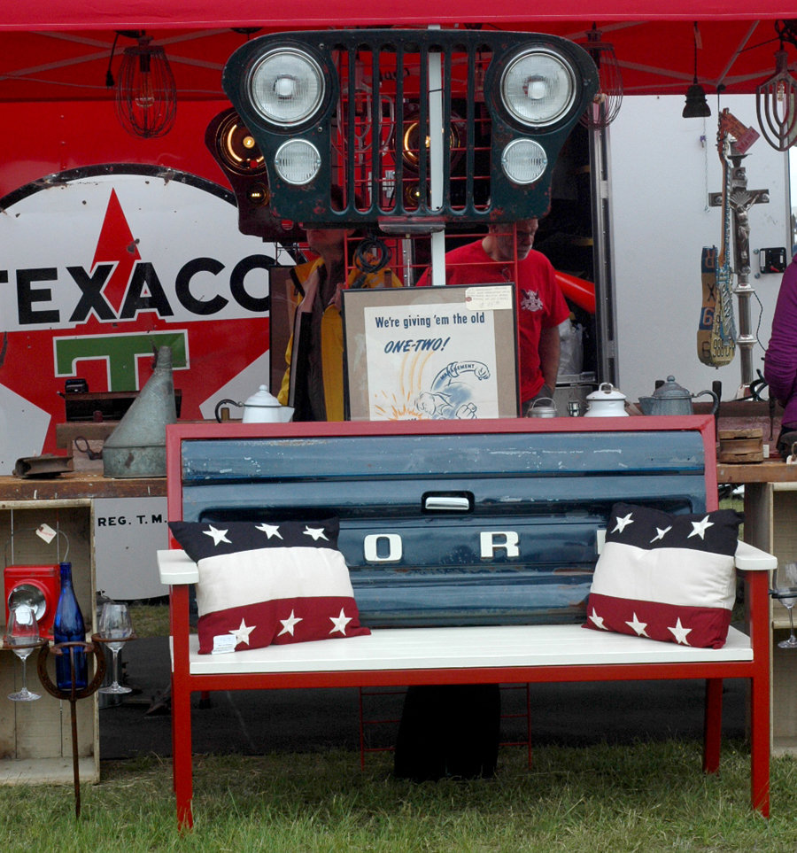 This patriotic-themed automobile-inspired bench was a hit<br>at Antique Rescue, Leesburg, Va. —J&J Promotions