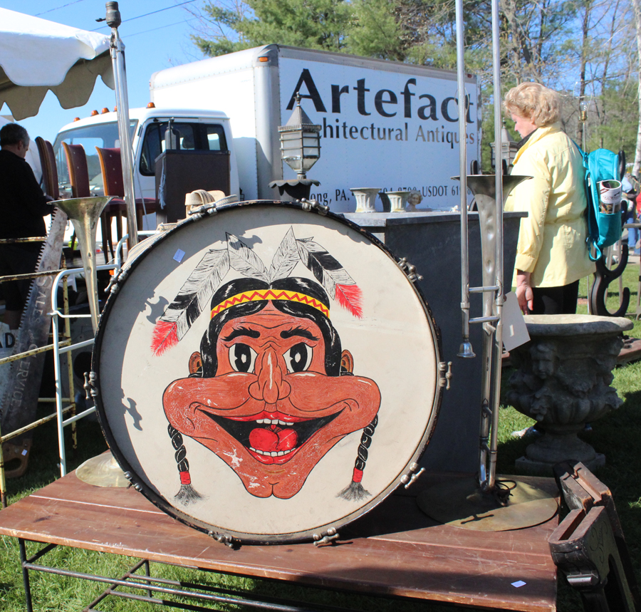 Artefact Architectural Antiques, Doylestown, Penn., showed this school marching band drum from the 1940s that was politically incorrect front and back. —Heart-O-The Mart