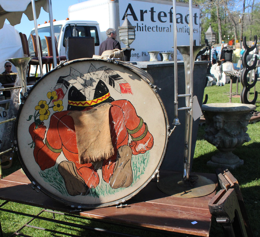 Artefact Architectural Antiques, Doylestown, Penn., showed this school marching band drum from the 1940s that was politically incorrect front and back. —Heart-O-The Mart