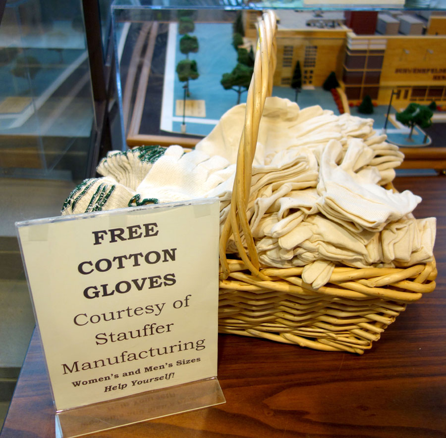 According to the show committee, there was a time when women shopping for textiles wore gloves so as not to soil the fabrics. To carry on the tradition, Stauffer Glove & Safety of Red Hill, Penn., donated this basket full of gloves.