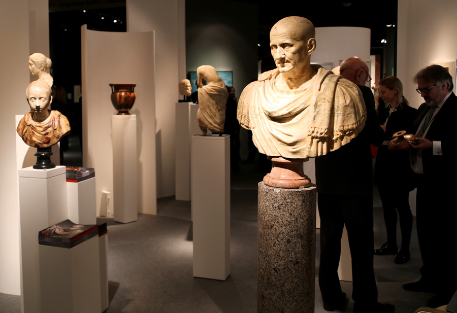 A fine bust sat among other antiquities in the booth of Cahn, Basel, Switzerland.