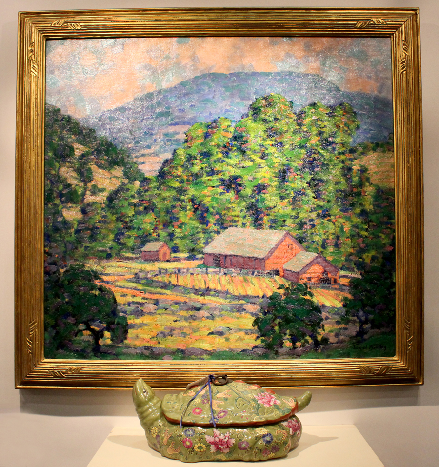 At Blue Heron Fine Art, Cohasset, Mass., “The Red Barn,” an oil on canvas by<br>John William Bentley (American, 1880–1951), exemplifies the artist’s skill at creating impressionistic landscapes of the countryside, bridges and mountains.