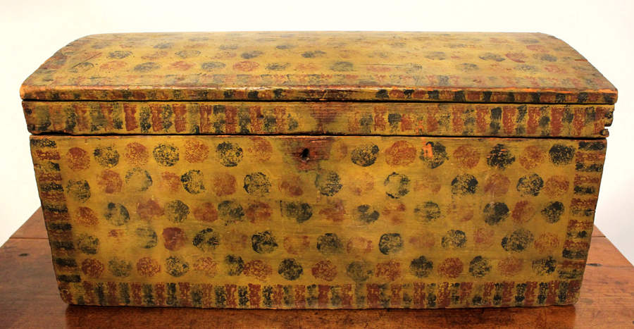 Dennis and Valerie Bakoledis, Rhinebeck, N.Y., sold this great Pennsylvania multicolored sponge decorated storage chest in pattern design, circa 1820–30.