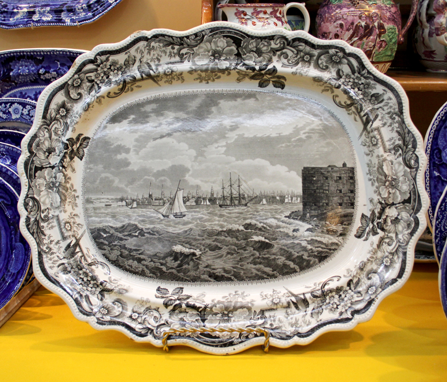 Clews Historical Staffordshire platter in rare black from the “Picturesque Views” series, circa 1830. The view is Governors Island at the southern tip of Manhattan, N.Y. William R. and Teresa F. Kurau, Lampeter, Penn.