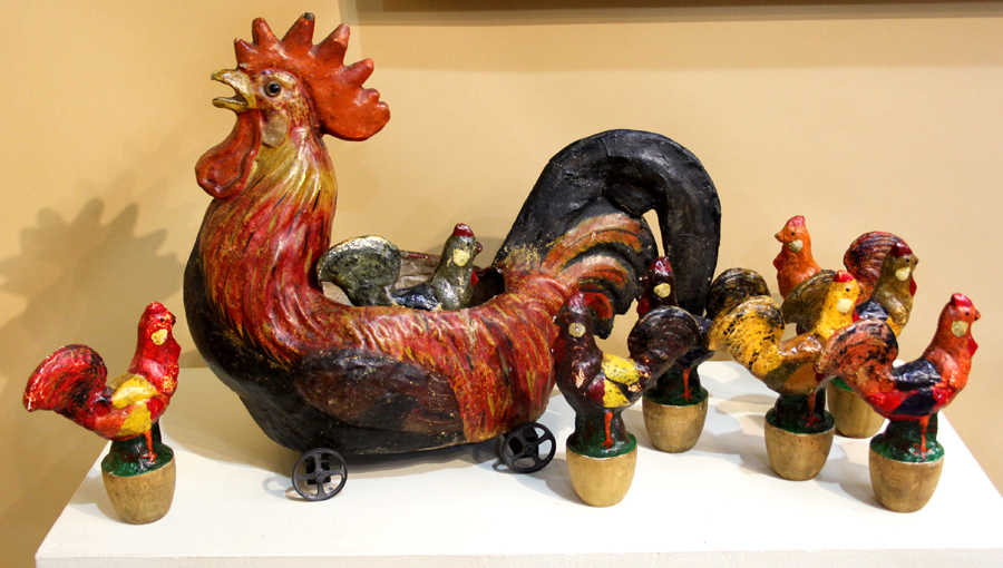A complete set of papier mache rooster skittles, France or Germany, circa 1900. Lisa S. McAllister, Clear Spring, Md.