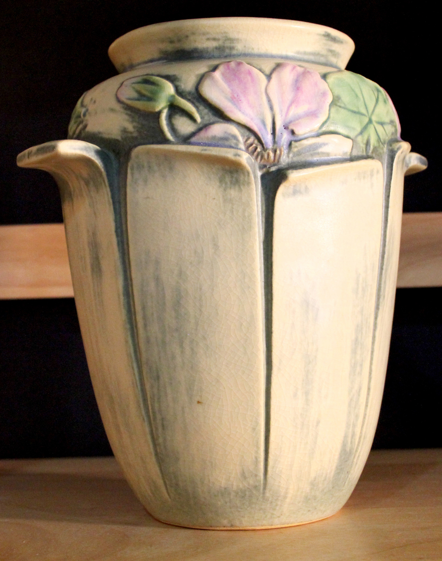 An experimental Weller Pottery jar with matte/Muskota glaze, 1905–1915.<br>Jane Langol Antiques, Medina, Ohio