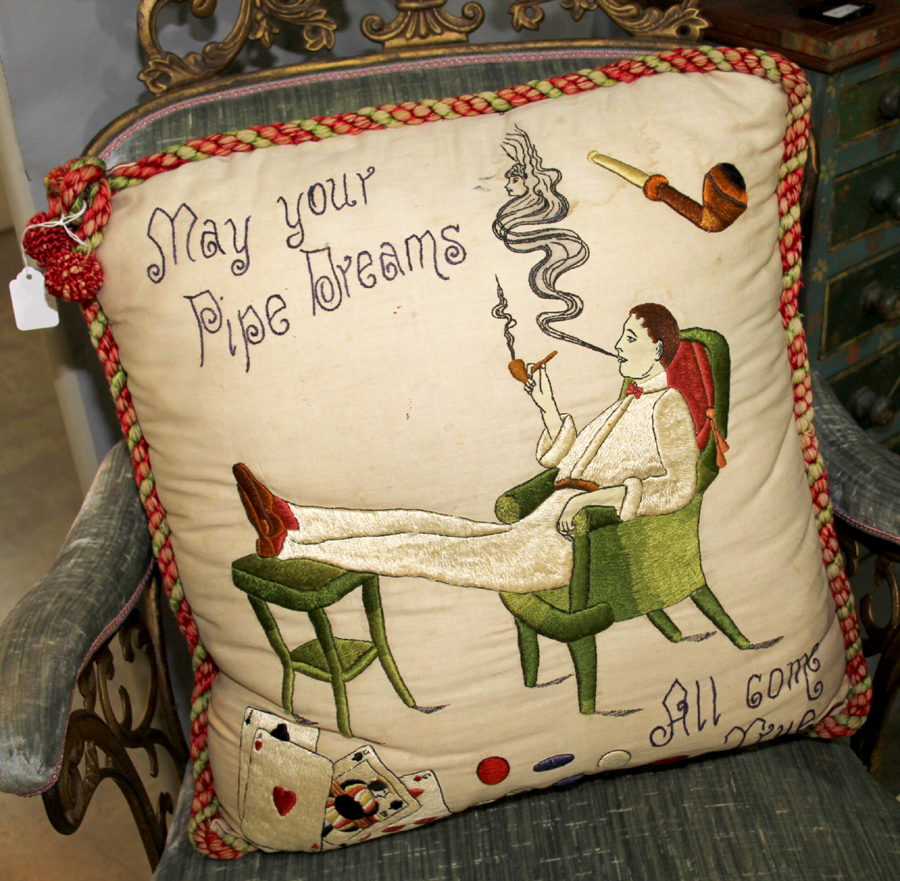 A whimsical embroidered pillow at James and Nancy Glazer, Bailey Island, Maine.