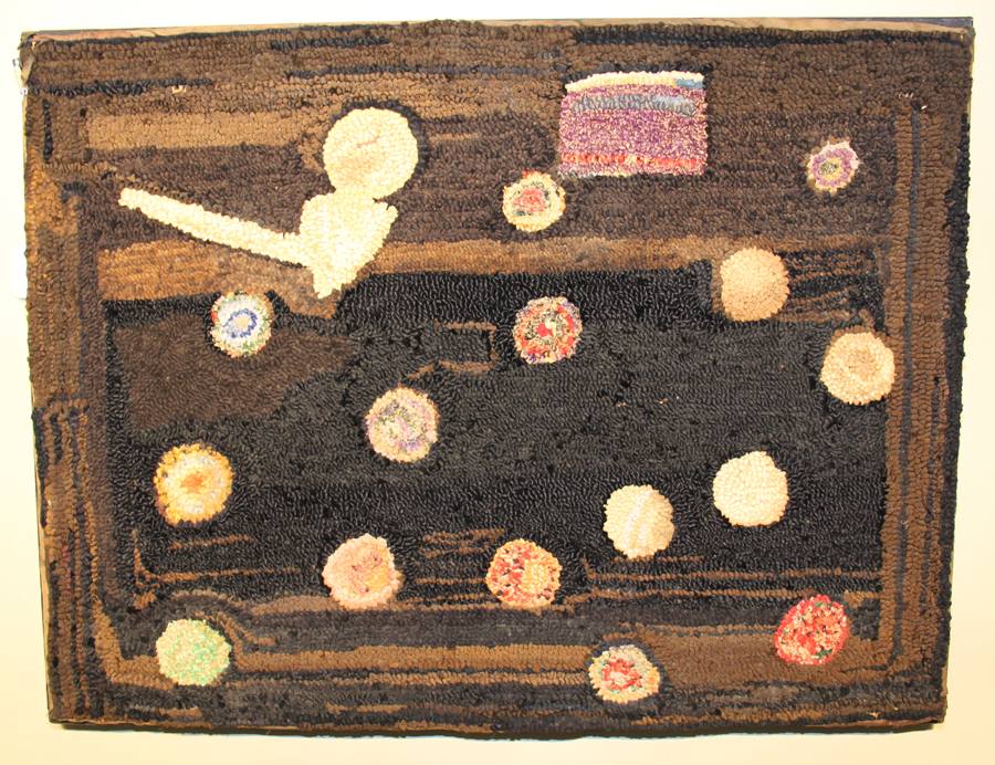 Pipe and bubbles hooked rug, early Twentieth Century.<br>Ken and Robin Pike, Nashua, N.H.