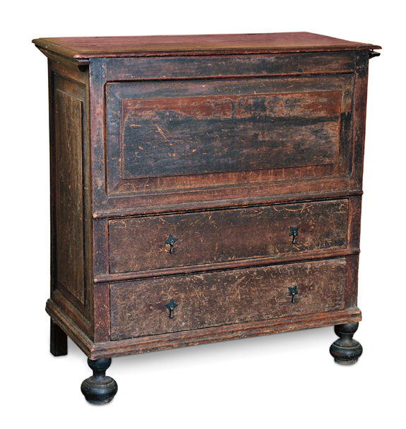 This circa 1700 blanket chest over two drawers descended in the Stone family of Guilford, Conn. When it turned up in the front parlor of Massachusetts dealer Pam Boynton, Scranton stretched to buy it. In original surface, it went for $ 17,000.