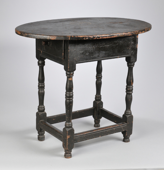 Scranton purchased this early Eighteenth Century black painted oval-top tavern table with handsome turnings and a single drawer from New Haven, Conn., dealer Fred Giampietro in 1987. It was knocked down in partnership to Michael Whittemore and Giampietro for $ 17,000.