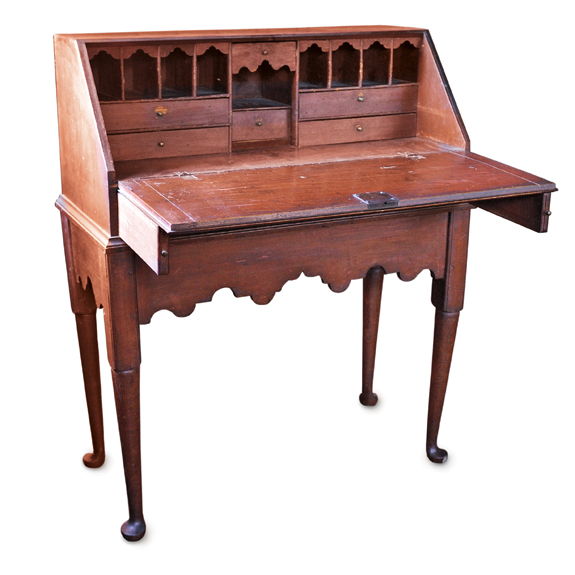 Scranton admired this circa 1740 red painted Connecticut desk on frame,<br>$ 17,000, in a customer’s collection, but was not able to buy it until 1994,<br>when it went to Sotheby’s. The couple’s daughter was sufficiently impressed by his perseverance to subsequently allow him to buy several vanloads of antiques from her parents’ estate.