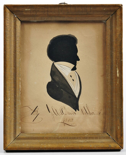 This hollow-cut and watercolor silhouette measures 6 by 5 inches and is inscribed “J.A. Davis October 20th 1832/1832.” Scranton says the maker is most likely not Jane Anthony Davis (1821–1855) of Connecticut and Rhode Island,<br>who is known for watercolor on paper portrait miniatures.