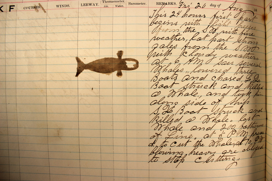 The whaling bark <i>Nile</i> sailed from New London in 1875. The log book of that voyage, with whale stamps, earned $ 4,950.