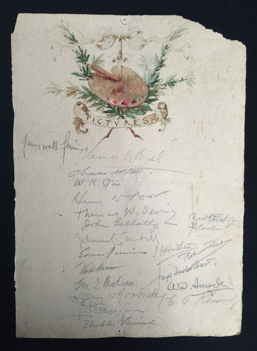 Weir was friends with many prominent artists of the day. A hand painted dinner club menu, dated April 1905, was signed by 35 attendees, including Childe Hassam, Edmund Tarbell and Albert Paine. It reached $ 1,100.
