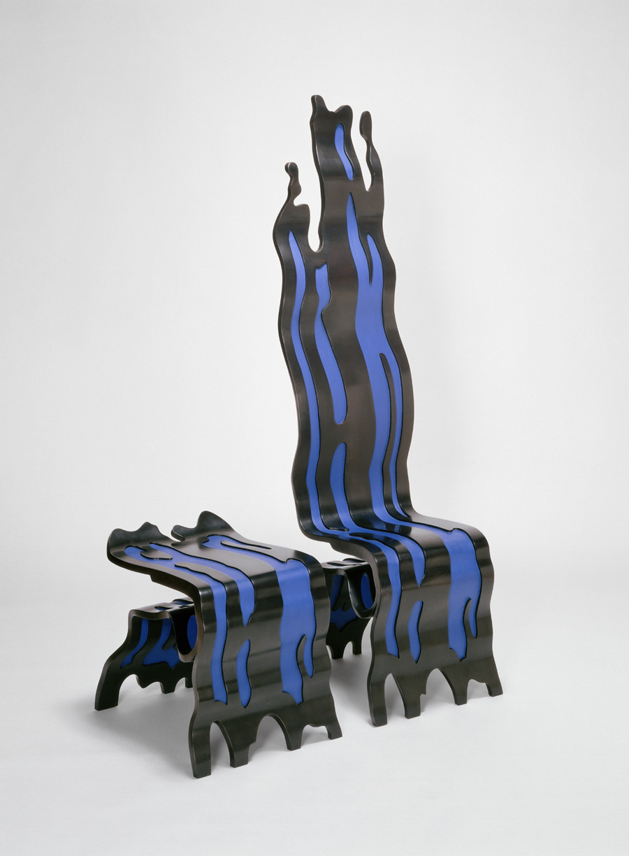 “Brushstroke Chair” and “Bronze and Brushstroke Ottoman,” by Roy Lichtenstein bronze, 1986–88, cast and welded patinated bronze with sections painted with enamel, 69 by 17½ by 31 inches (chair), 20 by 16 by 24 inches (ottoman). Collaboration: Donald Saff, Ken Elliot, Patrick Foy, George Holzer and the Walla Walla Foundry.