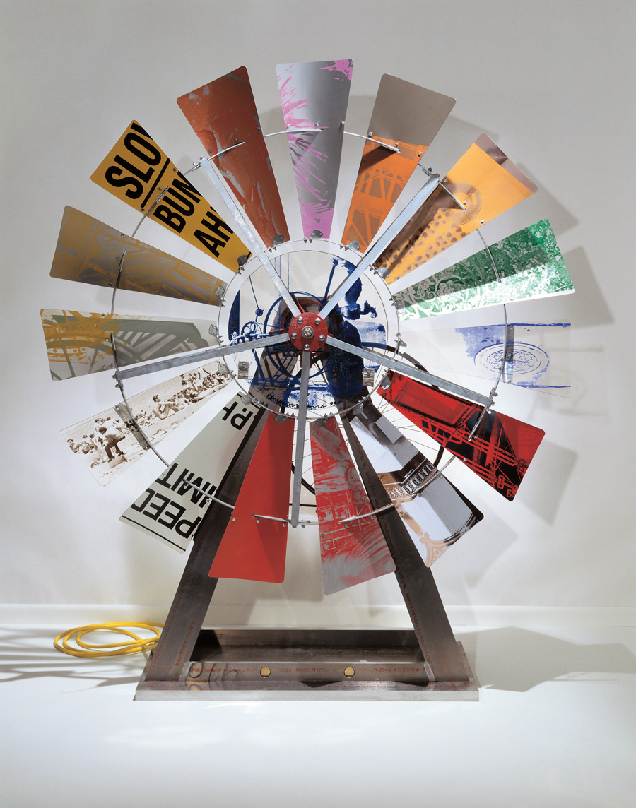 “Eco-Echo VIII” by Robert Rauschenberg, 1993, aluminum, sonar-activated motor, bicycle wheel, galvanized-steel windmill hardware, street signs, screen printed acrylic and hand-painting on aluminum and Lexan, 88½ by 73½ by 26½ inches. Collaboration: Donald Saff, Nick Conroy, Ken Elliot, Patrick Foy, George Holzer and Conrad Schwable, assisted by Tim Amory, Maggi De Lamater and Madeleine Shinn.